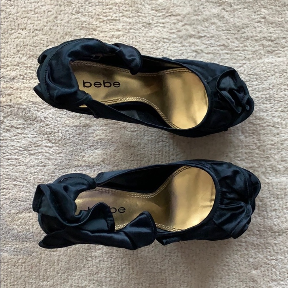 Bebe Black Peep Toe Satin Ruffle Pumps